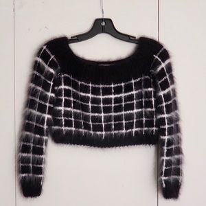 Rodarte fuzzy wool cropped metallic sweater plaid